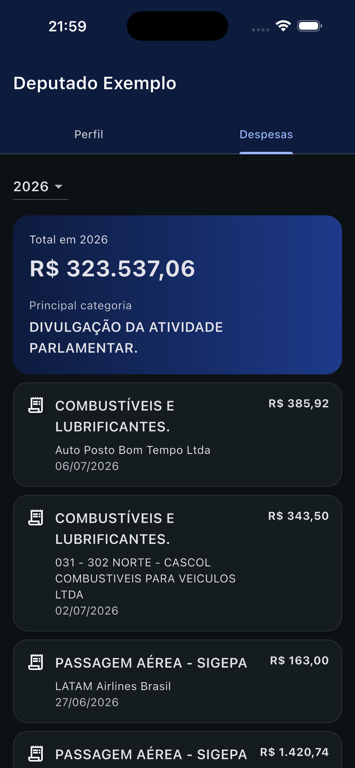 Tela demonstrativa do Câmara em Foco com despesas oficiais